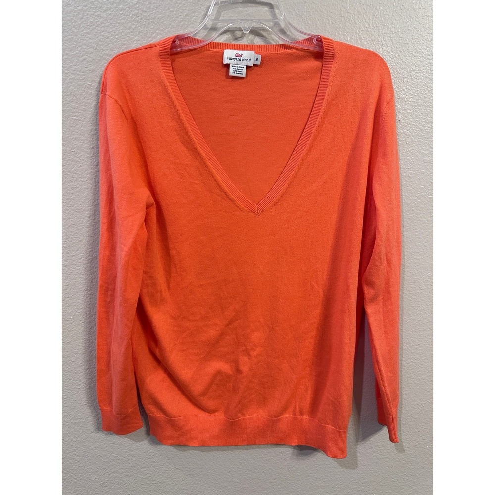 Vineyard Vines Women's Orange Cotton Blend V Neck Pullover Sweater Top